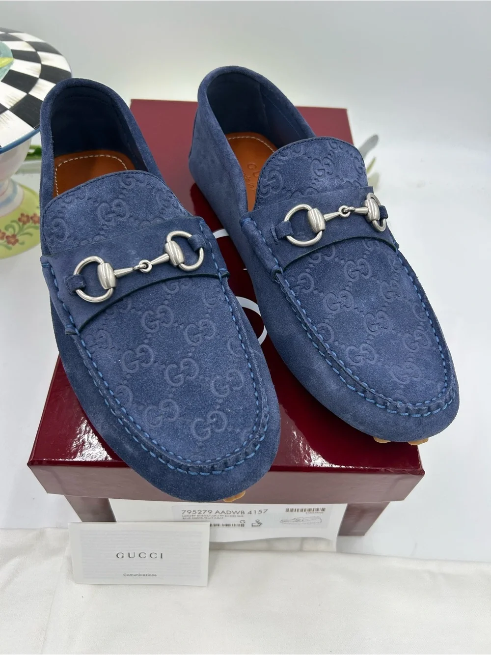 Men's Gucci GG embossed blue suede driver loafers size 9 fits 10 US made Italy